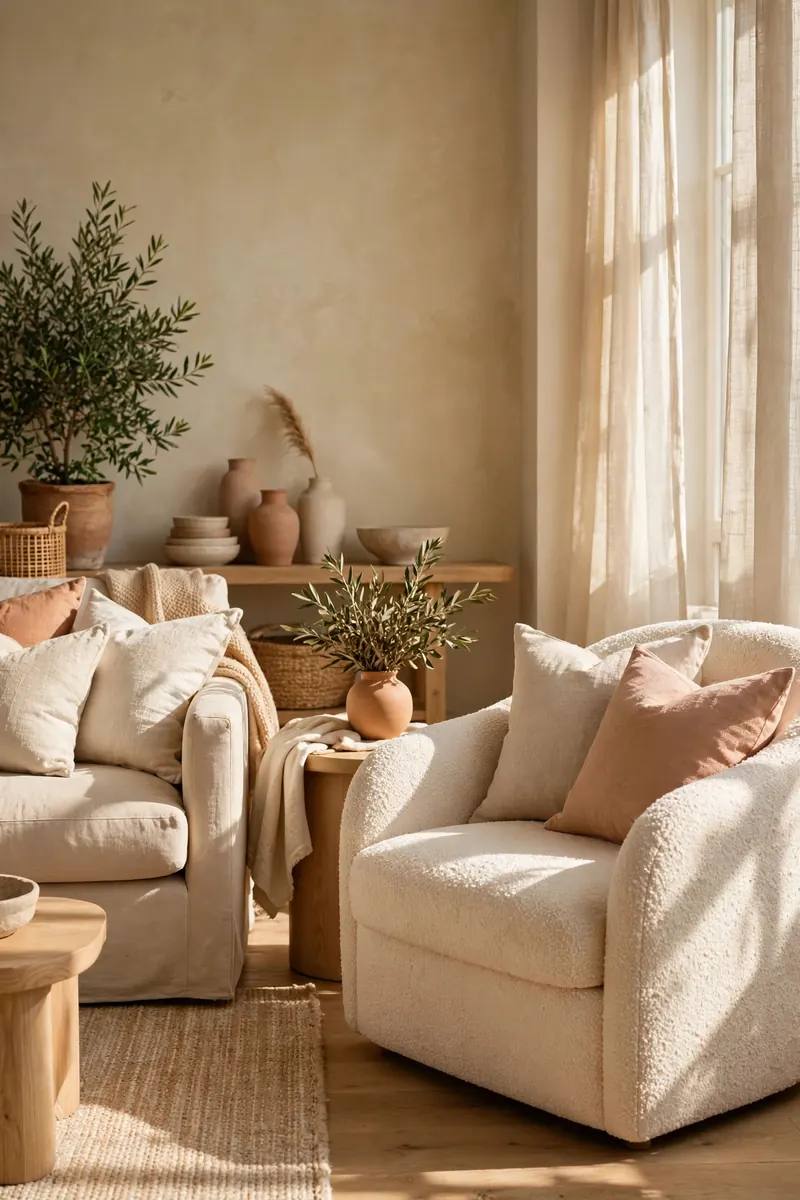 Warm living room with layered textiles, thrifted furniture, and affordable decor styling