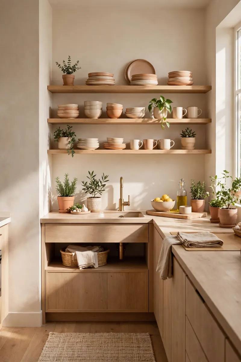Organized small kitchen with vertical storage, clear zones, and clutter-free counters