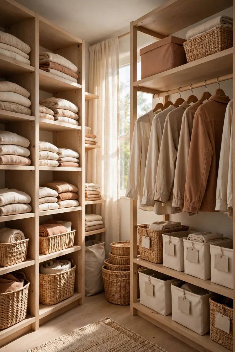 Organized small closet with double hanging rods, labeled bins, and vertical shoe storage