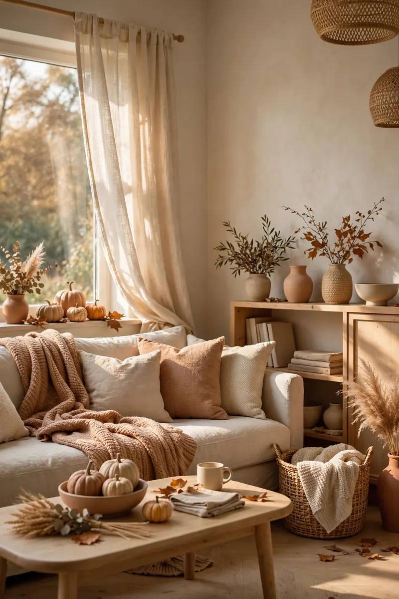 Warm fall home interior with autumn decor, cozy textiles, and seasonal organization touches