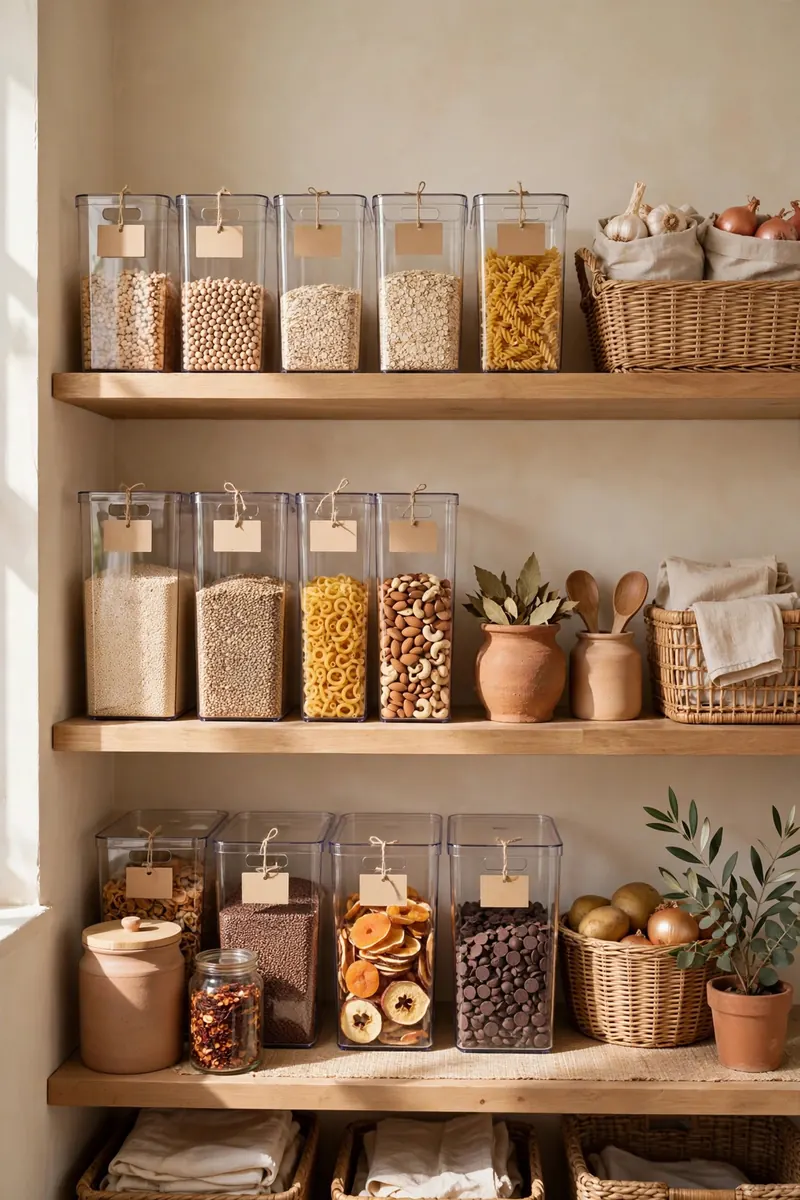 Organized pantry with clear bins, labels, and grouped food zones on wooden shelves