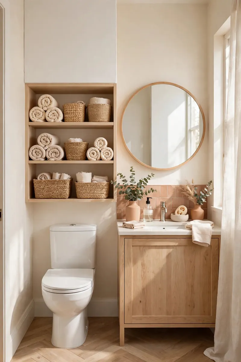 Small bathroom with over-toilet shelving, organized vanity, and bright mirror making the space feel larger