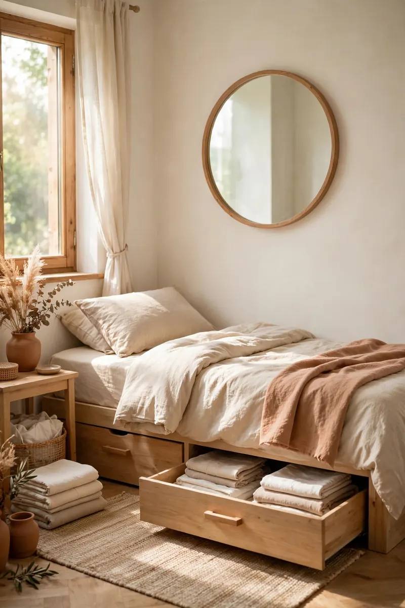 Small bedroom with light walls, mirror, and under-bed storage looking spacious and organized