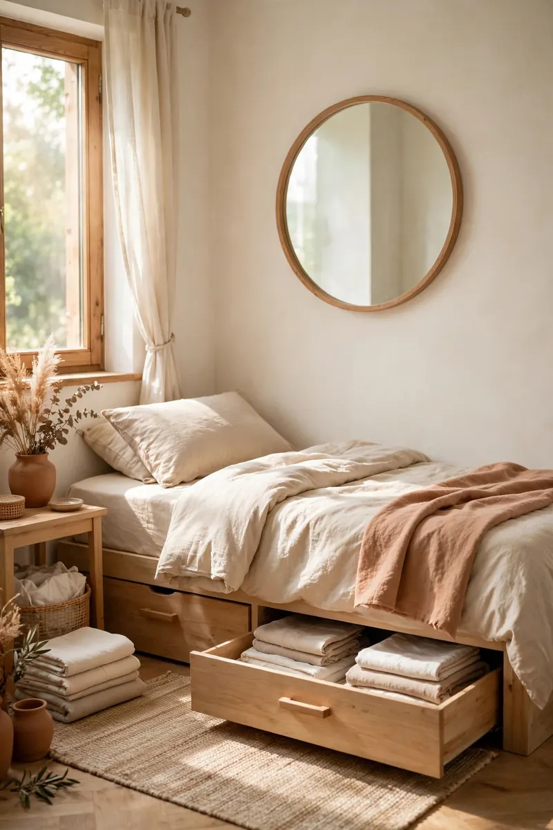 Small bedroom with light walls, mirror, and under-bed storage looking spacious and organized